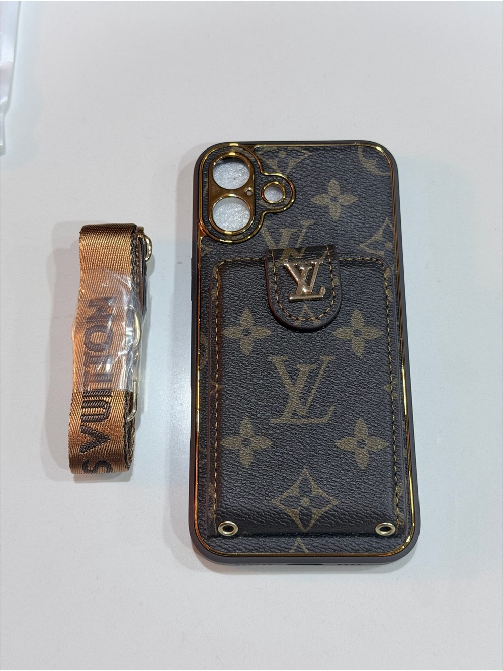Fashion Monogram Brown Leather Phone Case with Strap